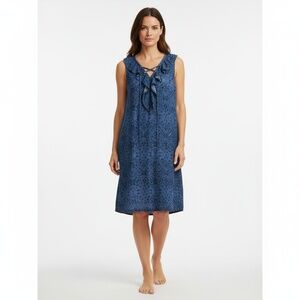 NWT Neiman‎ Marcus Large Indigo Blue Denim Look Chambray Ruffle Lace Up Dress